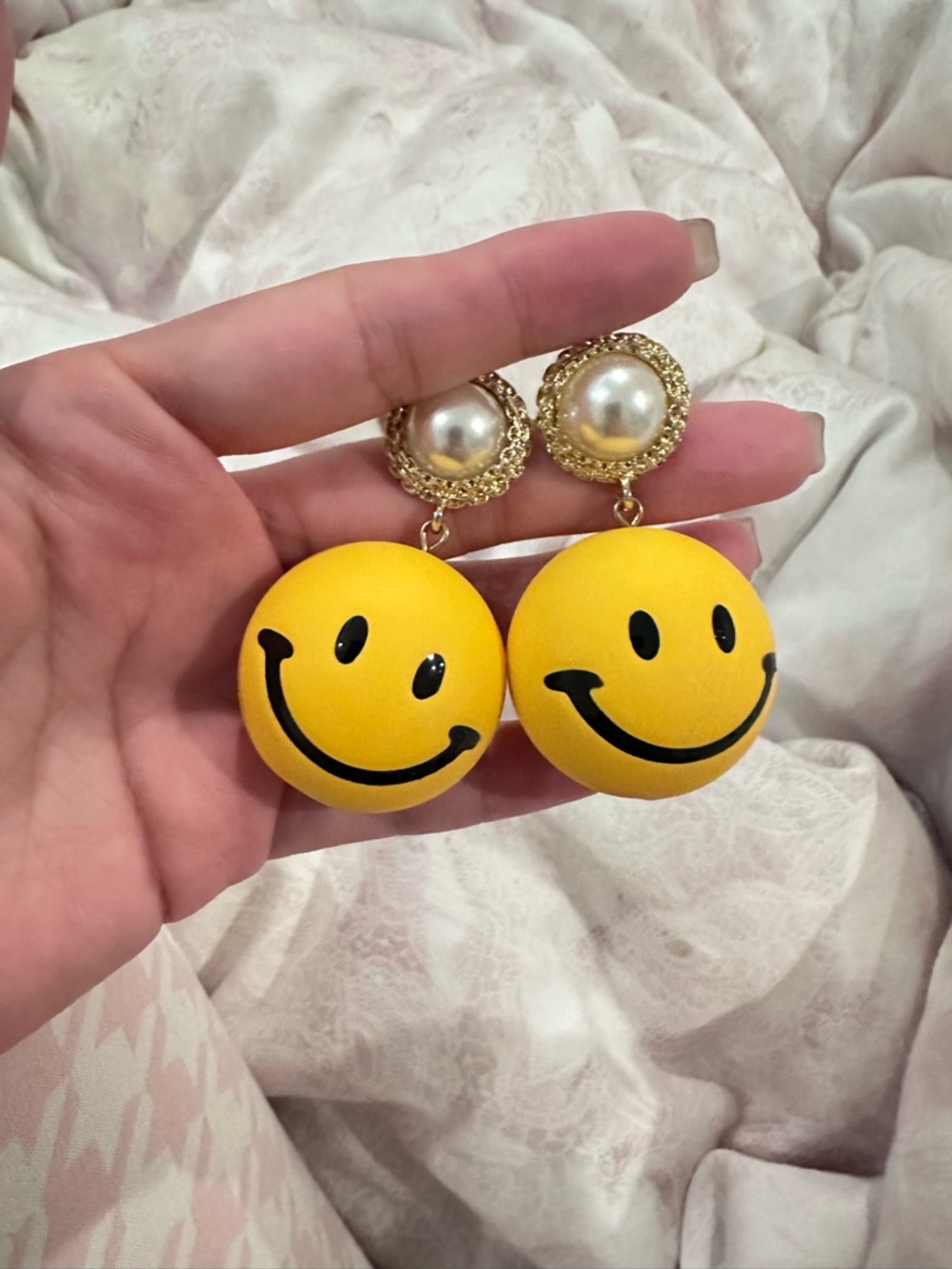 Yellow Smiley Drop Earrings with Pearl Gold Studs